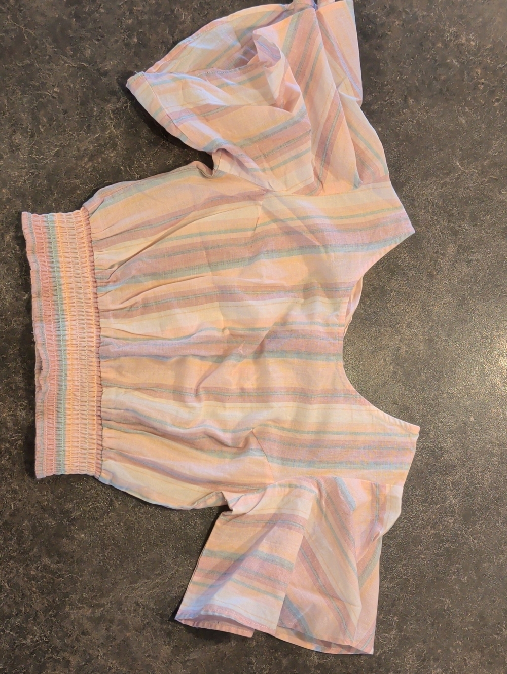 Japna Pastel Striped Puff-Sleeve Crop Top in Pink, Blue & Yellow
